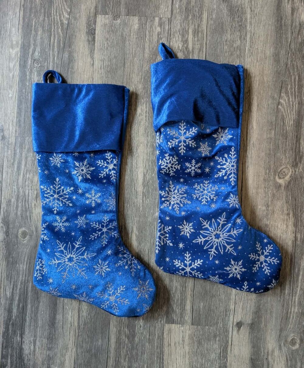 Set Of 2 Blue Snowflakes Christmas Stocking Sliver Glitter 18" Holiday Decor